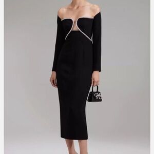 Self-Portrait Black Long Sleeve Cutout Midi Dress with Embellished Trim